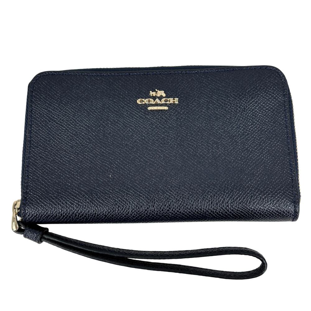 Coach Zip Around Wristlet Wallet Black Cross Grain Leather Coin Credit Card